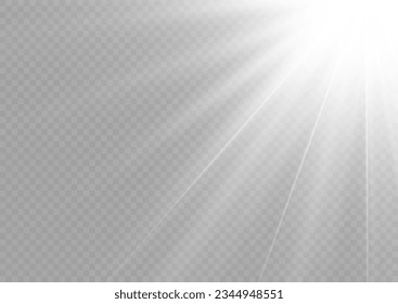 Realistic white sun rays. Light effect. Warm glow effect. The sun, a ray of sunshine. Glare from flare png. Vector light with glare. Lens flare, dawn, white beam sunrays sky background. 