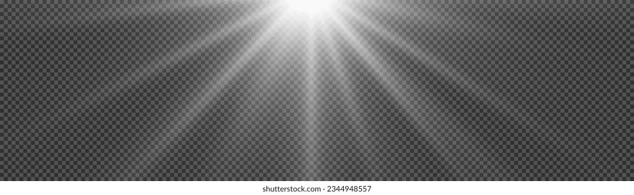 Realistic white sun rays. Light effect. Warm glow effect. The sun, a ray of sunshine. Glare from flare png. Vector light with glare. Lens flare, dawn, white beam sunrays sky background. 