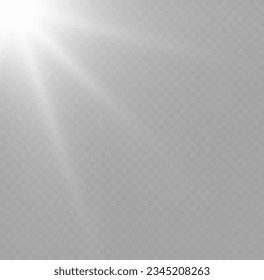 Realistic white sun rays. Light effect. Warm glow effect. The sun, a ray of sunshine. Glare from flare png. Vector light with glare. Lens flare, dawn, white beam sunrays sky background. 