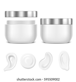 Realistic White Swirl or Foam and Jar Cream, Mousse Set Cosmetic Product for Beauty and Care. Vector illustration