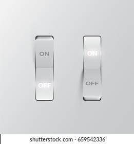 Realistic white switches (ON/OFF) on white background, vector illustration