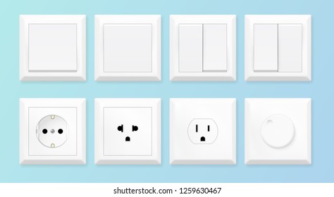 Realistic white switches and socket set. European and american power socket standards. Vector illustration.