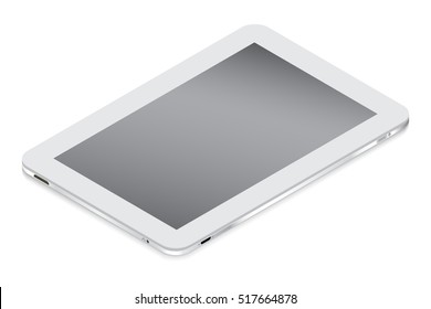 Realistic white tablet in isometry isolated on a light background. Vector illustration.
