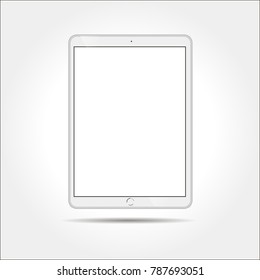 Realistic White Tablet Mock Up Isolated On White Background. Tablet In Ipade Style Vector Illustration. Tablet Mockup With Blank Screen.