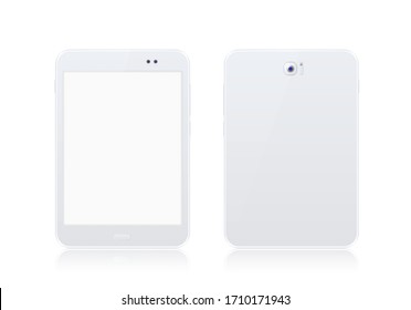 Tableta blanca realista y smartphone blanco se mueven con pantalla en blanco sobre fondo blanco. Elementos vectores aislados
