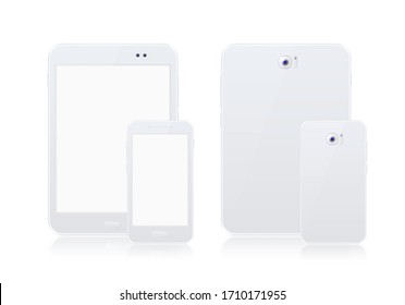 Realistic White Tablet and White Smartphone Mock Up with Blank Screen on White Background . Isolated Vector Elements