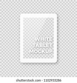 Realistic White Tablet Vector Mockup. Shiny Clean White Pad Ebook Tablet Template With Empty Blank Screen On Checkered Background.