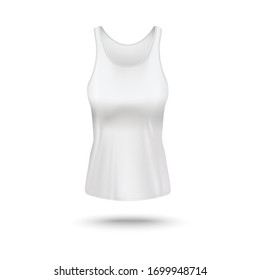 Realistic white tank top mockup - blank design template of women's sleeveless shirt. Casual sportswear garment mock up with copy space - vector illustration.