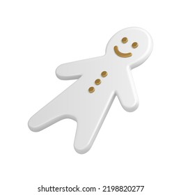 Realistic white tenderness gingerbread man diagonal placed slim Christmas figure 3d template vector illustration. Funny Xmas character cute shape with golden buttons and smile eyes isolated