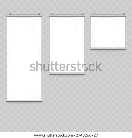Realistic White Textile Banner Mockup Set. Vector Hanging Wall Flag, Scroll or Pennant Templates