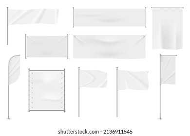 Realistic white textile banners, blank waving flags on flagpoles. Hanging flags, pennant banner, fabric signboard for advertising vector set. Empty template for promotion or announcement