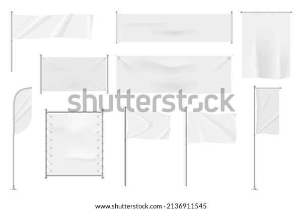 Realistic\
white textile banners, blank waving flags on flagpoles. Hanging\
flags, pennant banner, fabric signboard for advertising vector set.\
Empty template for promotion or\
announcement