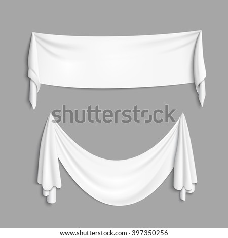 Realistic white textile banners with folds. Vector background