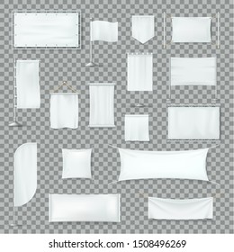 Realistic white textile banners set. Cotton fabric banners, blank flags, advertising posters of various forms, on a transparent background. Mockup realistic advertising vector isolated.