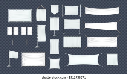 Realistic white textile banners set. Cotton fabric banners, blank flags, advertising posters of various forms, on a dark transparent background. Mockup realistic advertising vector isolated.