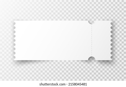 Entrada blanca realista aislada en un fondo transparente. Entrada de cupón de camioneta con una línea de estropajo y sombra. Diseño de plantilla para espectáculos, eventos, tarjetas de embarque. Ilustración del vector