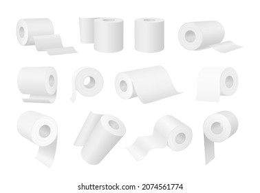 Realistic white toilet paper and kitchen towel rolls. 3d cylinder hygiene wipes with tube. Bathroom paper tissues product mockup vector set. Restroom or lavatory isolated objects for comfort