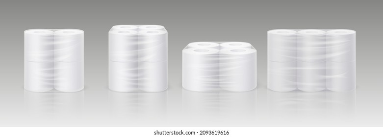 Realistic white toilet paper rolls in plastic pack mockup. Hygiene cleaning tissues in transparent package. Soft absorbent towels vector set. Illustration of realistic paper toilet in roll