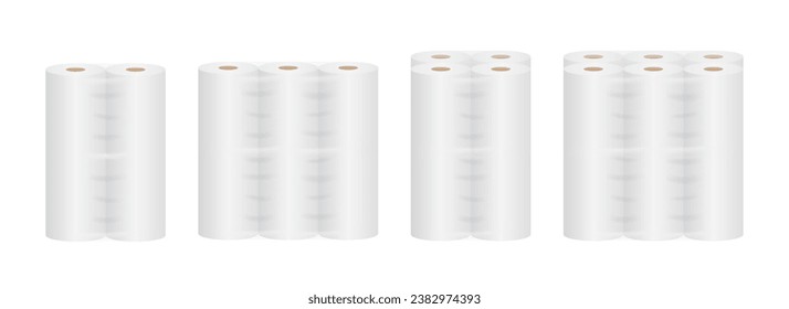 Realistic white toilet paper rolls in plastic pack mockup. Hygiene cleaning tissues in transparent package. Soft absorbent towels vector set. Realistic paper toilet in roll. Vector illustration