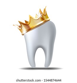 Realistic white Tooth in golden crown isolated on white background. Tooth care dental medical stomatology vector icon. 3D realistic vector illustration.