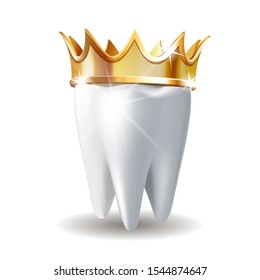 Realistic white Tooth in golden crown isolated on white background. Tooth care dental medical stomatology vector icon. 3D realistic vector illustration.