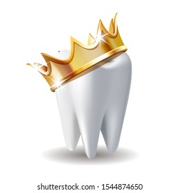 Realistic white Tooth in golden crown isolated on white background. Tooth care dental medical stomatology vector icon. 3D realistic vector illustration.