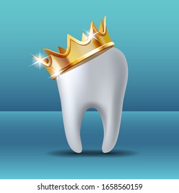 Realistic white Tooth in golden crown. Tooth care dental medical stomatology vector icon. 3D realistic vector illustration.