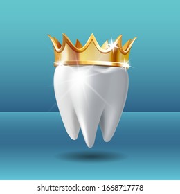 Realistic white Tooth in golden crown. Tooth care dental medical stomatology vector icon. 3D realistic vector illustration.