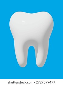 Vetor de dente branco realista. Molar saudável 3D isolado no azul. Ícone de higiene dental brilhante para estomatologia, cuidados bucais, clareamento dos dentes, clínica médica, implante e proteção do esmalte.