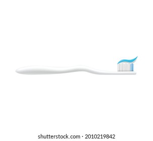 Realistic white toothbrush with toothpaste from side view - dental hygiene product with blue stripe on tooth brush isolated on white background. Vector illustration.