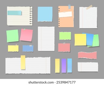 Realistic white torn or ripped paper set, Colored stickers attached tape. Collection of different color sheets of note papers with curled corner, Torn notebook pages