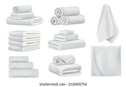 Realistic white towel set with isolated images of twisted bath towels put into stacks and pyramids vector illustration