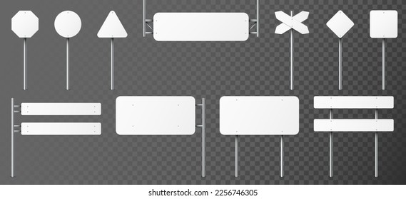 Realistic white traffic signs set isolated on transparent background. Blank highway road sign collection on metal pole. Empty board. Directional wayfinder, signage symbol. 3d vector illustration