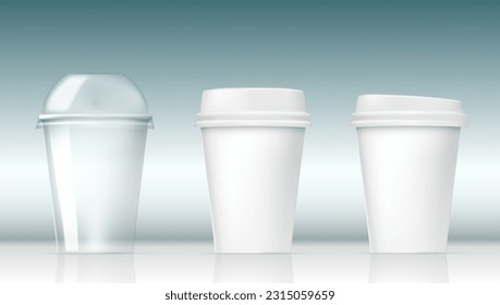 Realistic White Or Transparent Clear Plastic Cups Set. EPS10 Vector