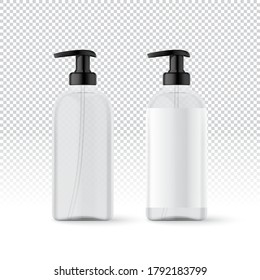 Botellas cosméticas transparentes blancas y realistas con etiqueta para jabón. Envases y tubos cosméticos para crema, champú, gel, bálsamo, acondicionador, jabón, pomada, pasta dentífrica, loción. Ilustración vectorial