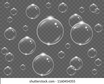 Realistic white transparent soap bubbles on a black background, vector illustration