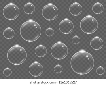 Realistic white transparent soap bubbles on a black background, vector illustration