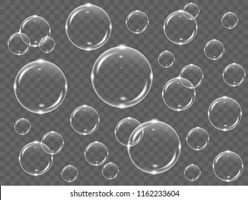 Realistic white transparent soap bubbles on a black background, vector illustration