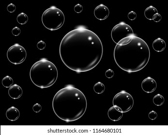 Realistic white transparent soap bubbles on a black background, vector illustration