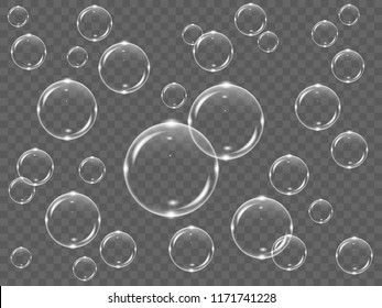 Realistic white transparent soap bubbles on a black background, vector illustration