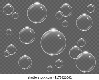 Realistic white transparent soap bubbles on a black background, vector illustration