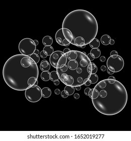 Realistic white transparent soap bubbles on a black background, vector illustration