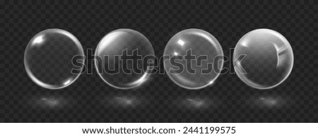Realistic white transparent water bubbles with reflection on black transparent background. 3d glossy transparent crystal sphere.
