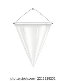 Realistic white triangle shaped pennant on steel hanger vector illustration
