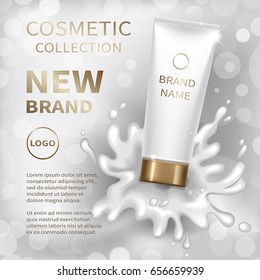 Realistic white tube with creamy lotion splash on a gray background. Cosmetic mockup design. Vector illustration.