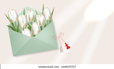 Realistic white tulips in the envelope and martisor, hello spring, womens day, 8 march, beautiful flowers, spring card vector, sale banner, floral background