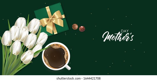 Realistic white tulips, gift and coffee, hello spring, womens day, 8 march beautiful flowers, spring card vector, sale banner, floral background