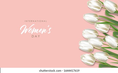 Conjunto de tulipanes blancos realistas, resorte de adiós, día de la mujer, bellas flores, vector de la tarjeta de primavera, banner de venta, fondo floral