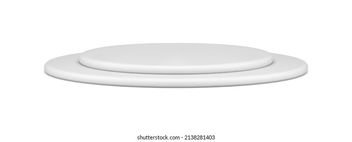 Realistic white two layer circle stage podium exhibition display isometric 3d template vector illustration. Rounded pedestal multilevel platform mockup decorative design minimalist geometric shape