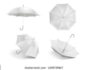 Realistic white umbrella mockup. Blank open fabric parasol, outdoor weather waterproof umbrellas vector template set. Closeup realistic parasol, mock-up umbrella illustration